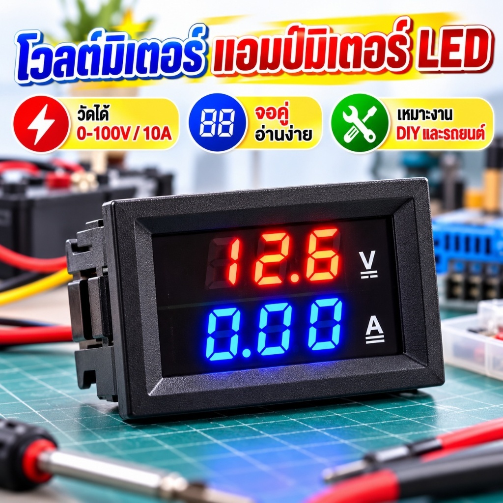 ดิจิตอลโวลต์มิเตอร์ แอมป์มิเตอร์ 0-100V 10A จอ LED คู่ แสดงแรงดันและกระแสไฟ พร้อมตัววัดไฟ Panel Meter สำหรับงาน DIY รถยนต์ และอิเล็กทรอนิกส์ COD