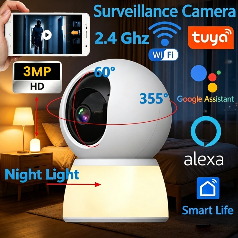 Tuya Smart Life กล้องวงจรปิดภายในบ้าน 3MP 2K HD Pan-Tilt WiFi ติดตามการเคลื่อนไหว สนทนาสองทาง มองกลางคืนอินฟราเรด มีไซเรนเตือน รองรับ Alexa และ Google Home
