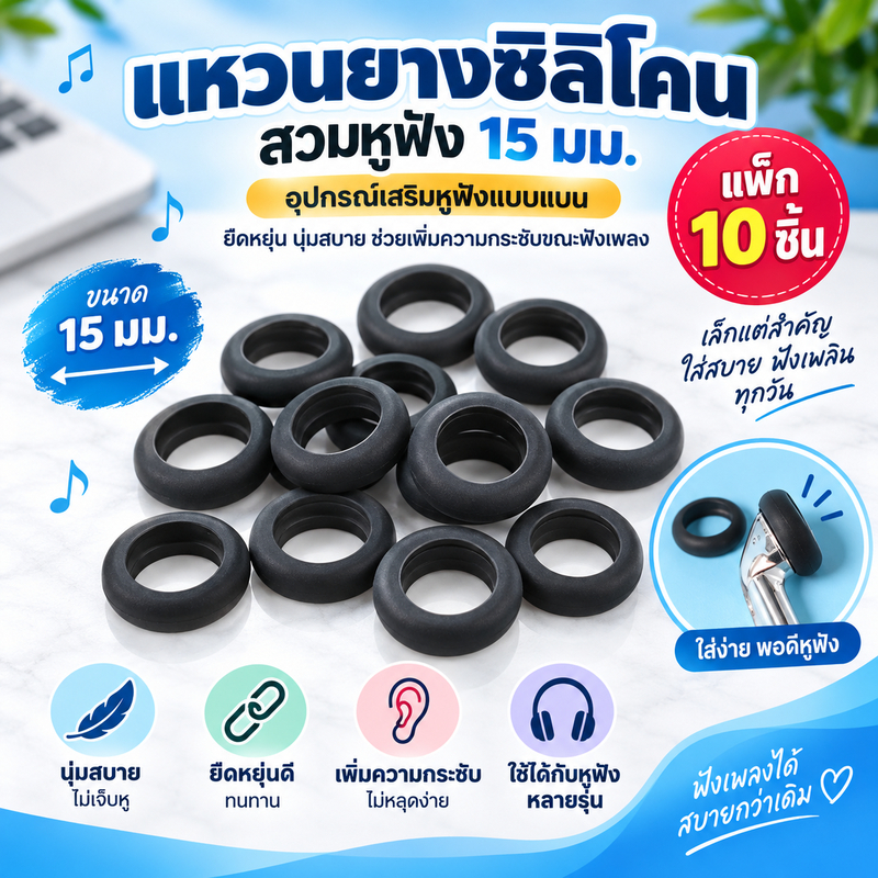 แหวนยางซิลิโคนสวมหูฟัง 15 มม. (แพ็ก 10 ชิ้น) อุปกรณ์เสริมหูฟังแบบแบน ยืดหยุ่น นุ่มสบาย ช่วยเพิ่มความกระชับขณะฟังเพลง