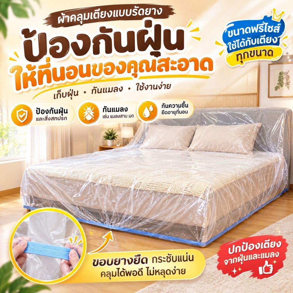 ผ้าคลุมเตียง 6 ฟุต ถุงพลาสติกยืดหยุ่น พร้อมเชือกหนา ป้องกันฝุ่น กันความชื้น โรคราน้ําค้าง ใช้ทิ้งเหมาะสําหรับเตียง โซฟา เฟอร์นิเจอร์ ป้องกันฝุ่นและรอยขีดข