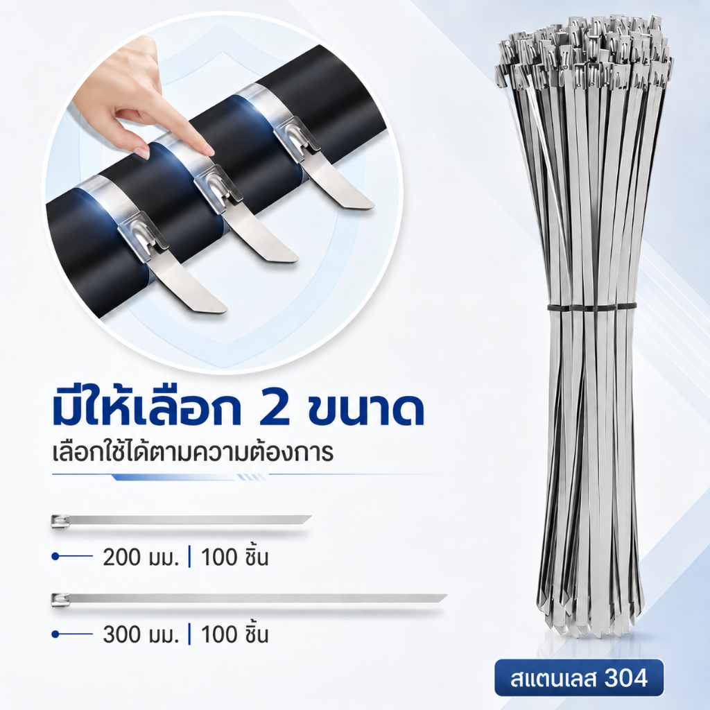 เคเบิ้ลไทร์สแตนเลส 304 กว้าง 4.6 มม. ยาว 200/300 มม. สายรัดแบบล็อก แข็งแรง ทนแรงดึง 100 ชิ้น/ถุง ส่งจากกรุงเทพฯ