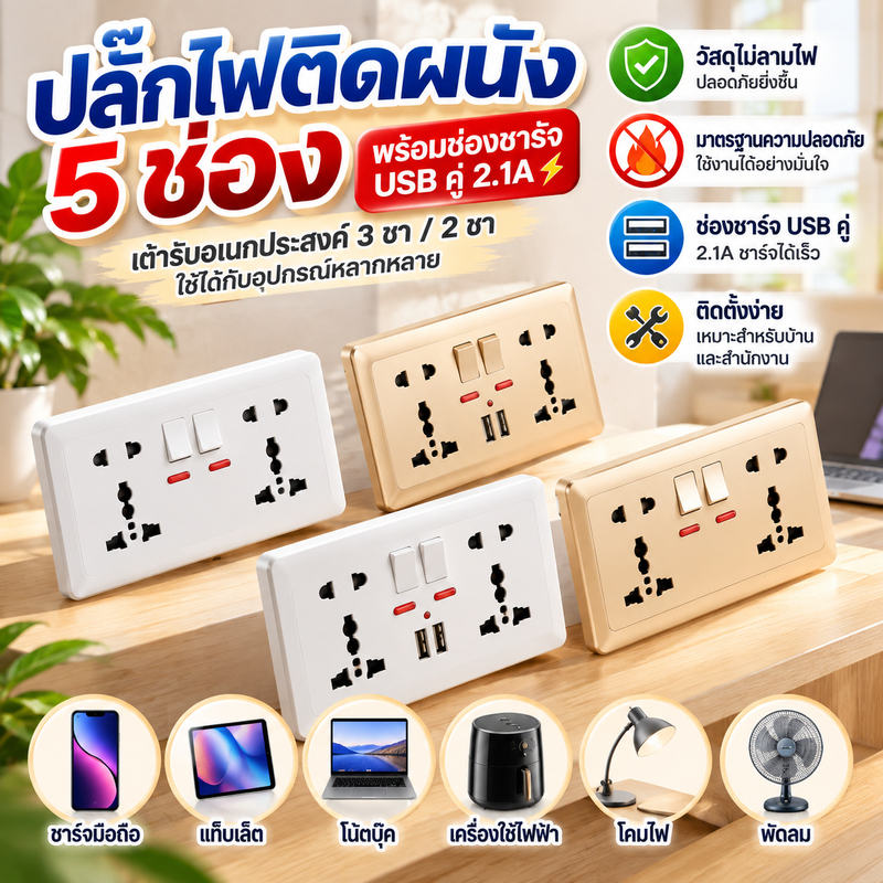 ปลั๊กไฟติดผนัง 5 ช่อง พร้อมช่องชาร์จ USB คู่ 2.1A เต้ารับอเนกประสงค์ 3 ขา / 2 ขา วัสดุไม่ลามไฟ ปลอดภัยสำหรับบ้านและสำนักงาน