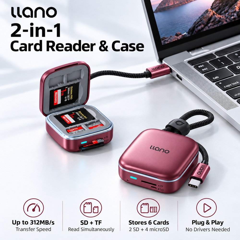 LLANO UHS-II SD & Micro SD Card Reader Adapter, TF 4.0 การ์ดหน่วยความจําพร้อมที่เก็บการ์ด 6 ช่อง, Plug&Play, F17 เครื่องอ่านการ์ดอัจฉริยะ 2-in-1 ความเร็วสูง