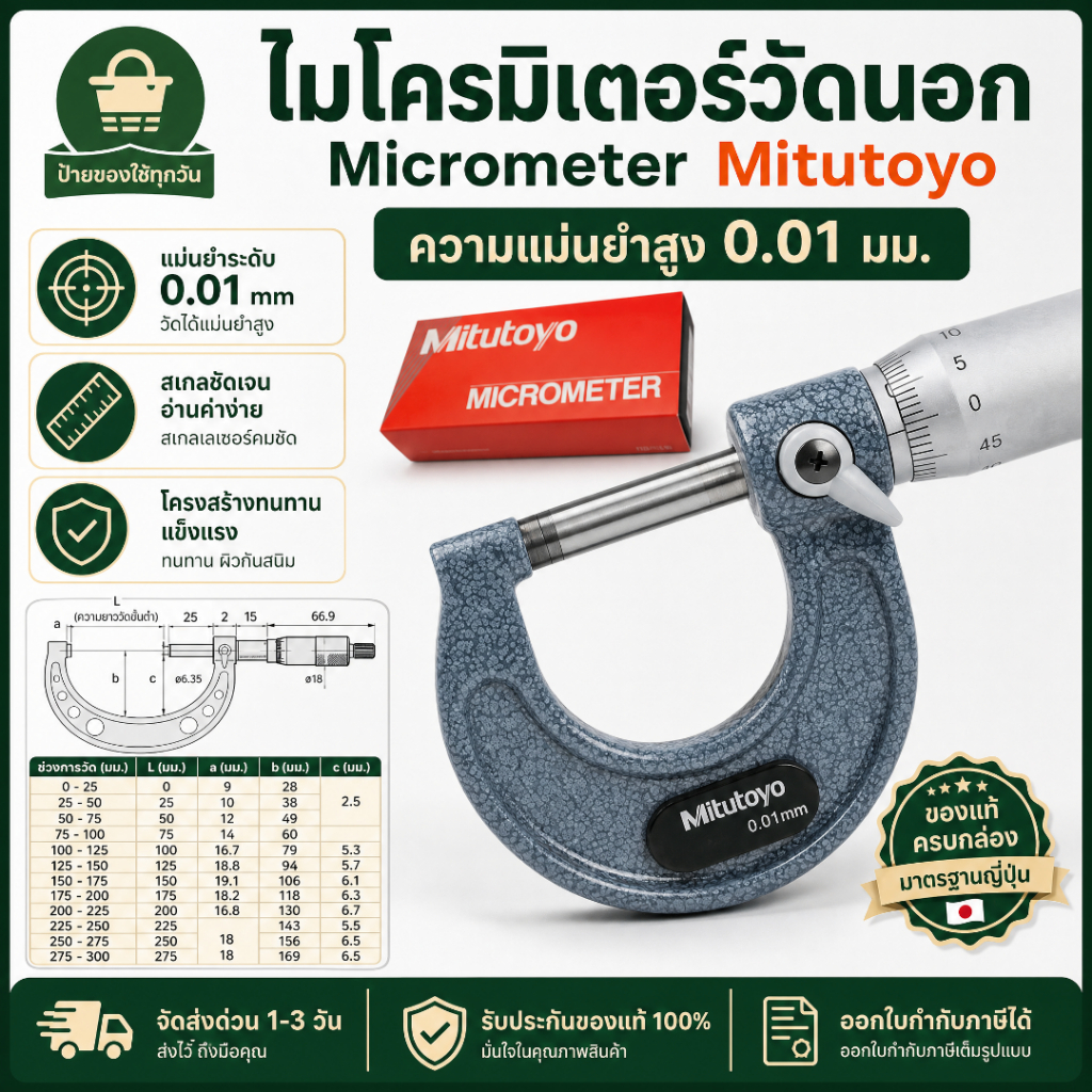 Mitutoyo Micrometer ไมโครมิเตอร์วัดนอกหน่วยมิลความละเอียด 0.01มิล รุ่น 103