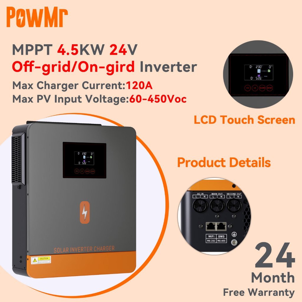 【ร้านค้าอย่างเป็นทางการ】 PowMr MPPT 4.5KW Off-Grid/On-Grid Pure Sine Wave Solar Hybrid Inventer 230VAC แผงโซลาร์เซลล์แรงดันไฟฟ้าอินพุตสูงสุด 60-500Voc กระแสชาร์จสูงสุด 120A รองรับการใช้ 24V แบตเตอรี่ทุกประเภท รับประกัน 2 ปี