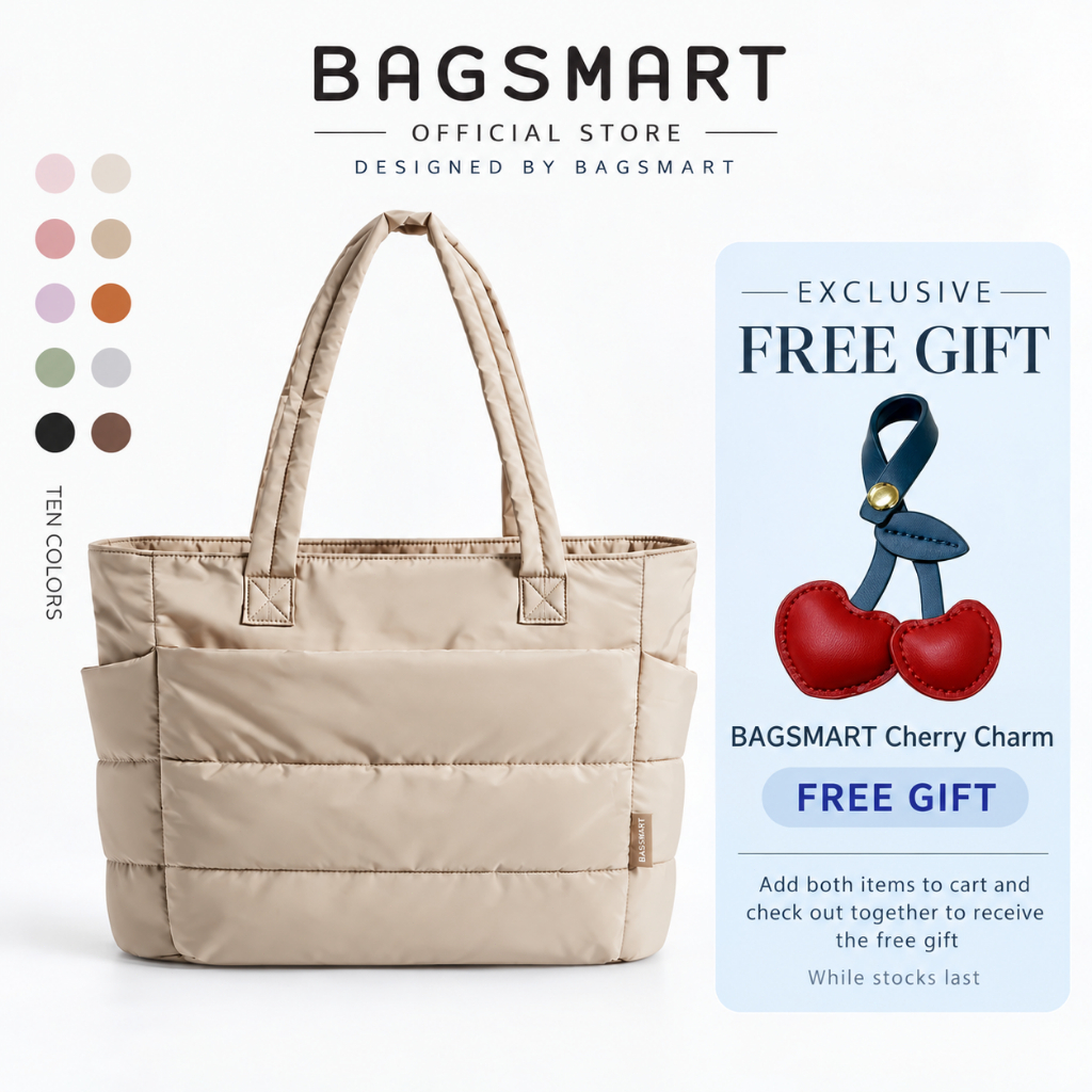 BAGSMART Tote Bag กระเป๋าสะพายผู้หญิง ขนาดใหญ่ มีช่องใส่โน้ตบุ๊ก มีหลายช่อง น้ำหนักเบา ทรงพัฟฟี่
