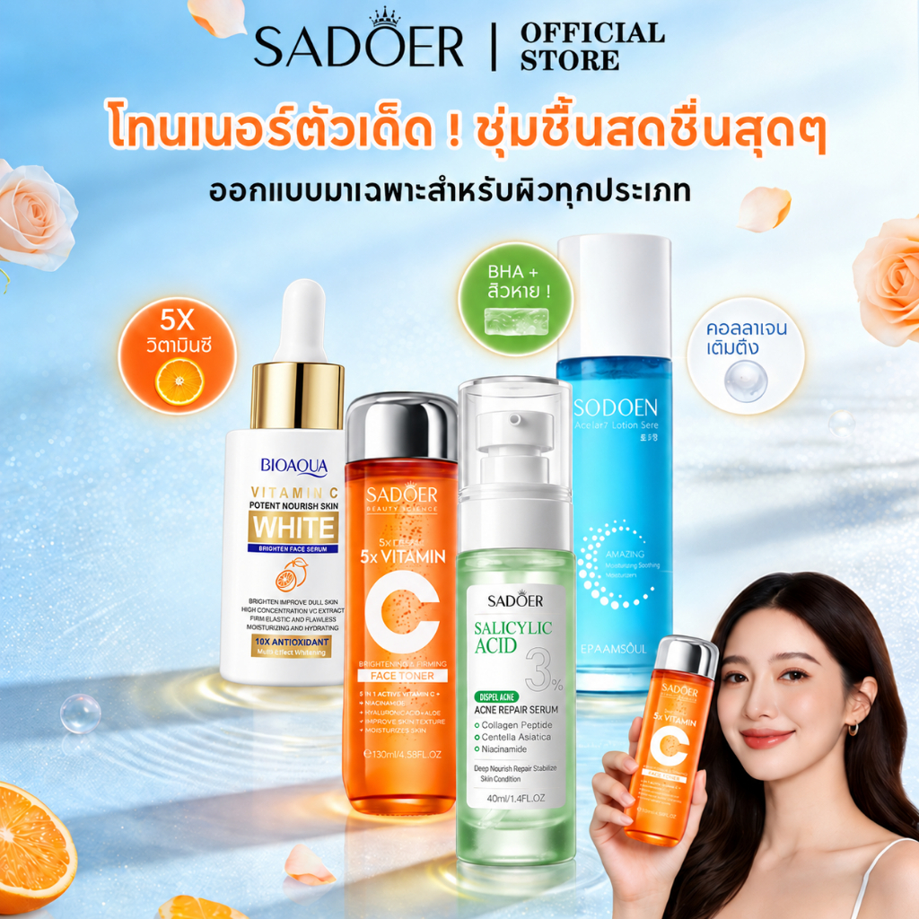 SADOER Toner โทนเนอร์ 3% BHA 5X VC น้ําตบ น้ำตบ ผลัดเซลล์ผิว Exfoliating คาล์มมิ่ง ไบรท์เทนนิ่ง ซูทติ้ง น้ำตบจบโทรม