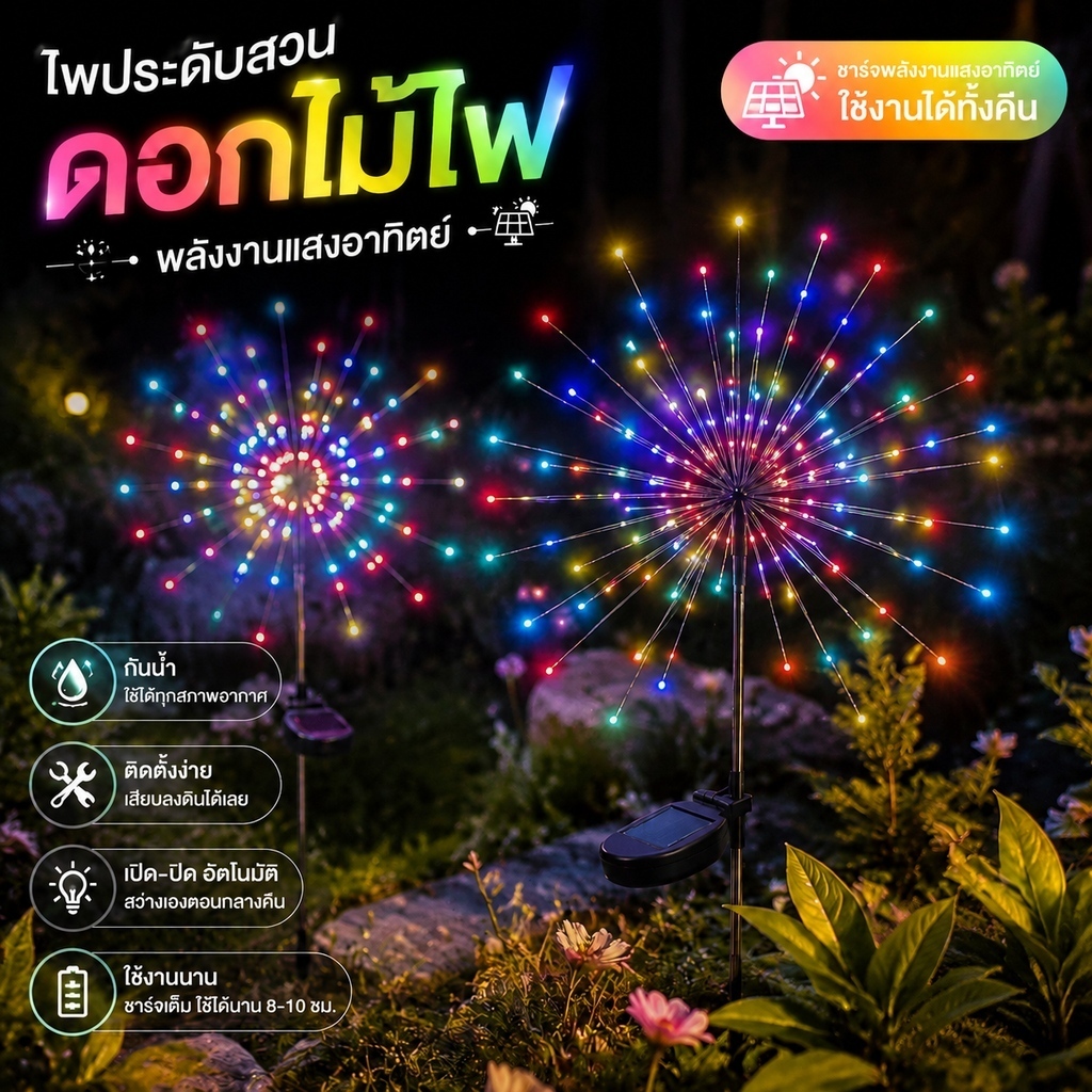 ไฟโซล่าเซลล์ ดอกไม้ไฟไฟกระพริบ IP65 กันน้ำ 8 โหมดไฟ โคมไฟตกแต่งคริสต์มาส งานปาร์ตี้ สวน ลานบ้าน