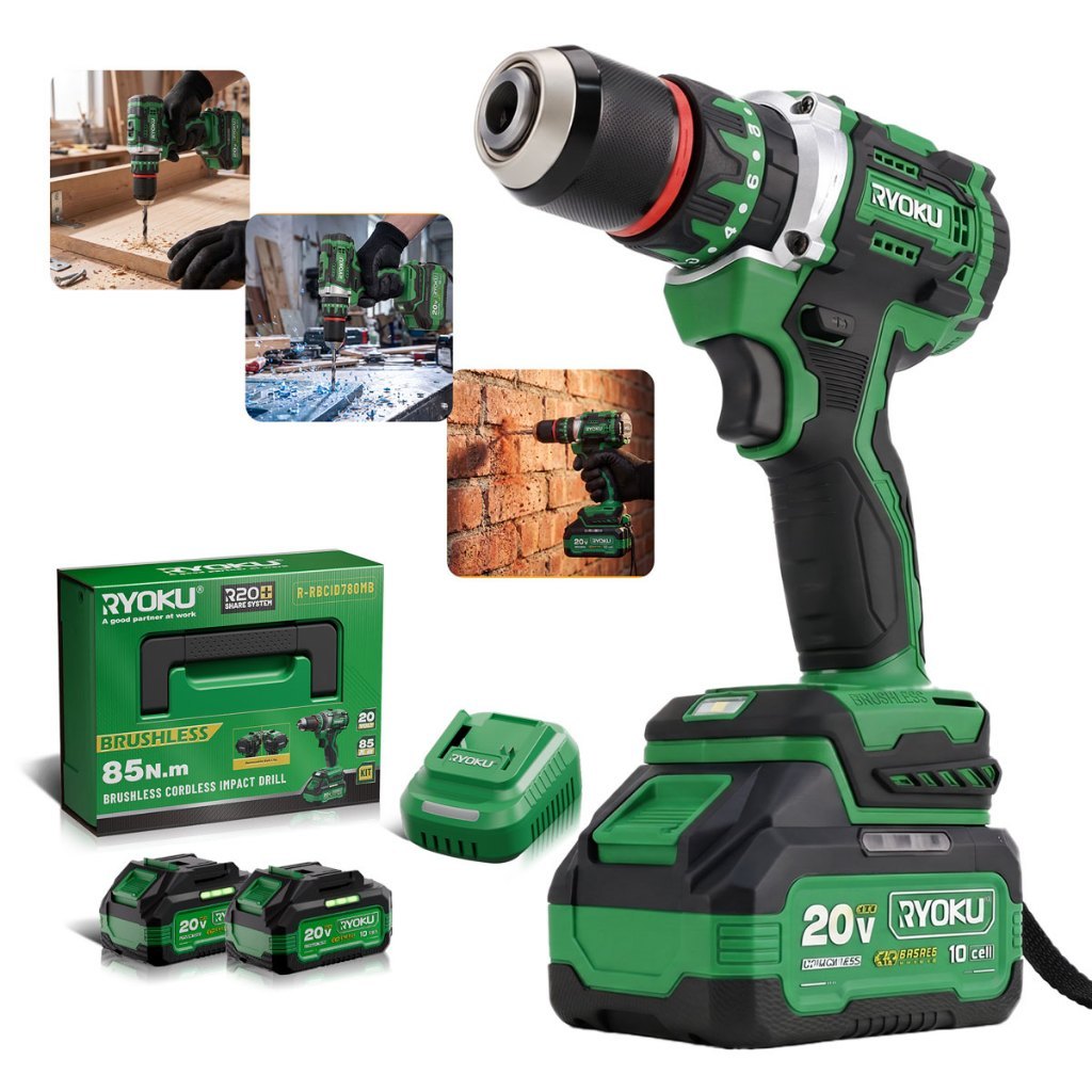 RYOKU 20V สว่านกระแทกแบบชาร์จไฟได้แบบไม่มีแปรง (13 มม./85N · ม.) - ไฟแรง เจาะและกระชับประสิทธิภาพสูง