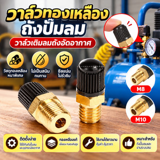 วาล์วทองเหลืองถังปั๊มลม วาล์วเติมลมถังอัดอากาศ หัวหกเหลี่ยม เกลียว M8 / M10 วัสดุทองเหลืองหนาพิเศษ ไม่เป็นสนิม