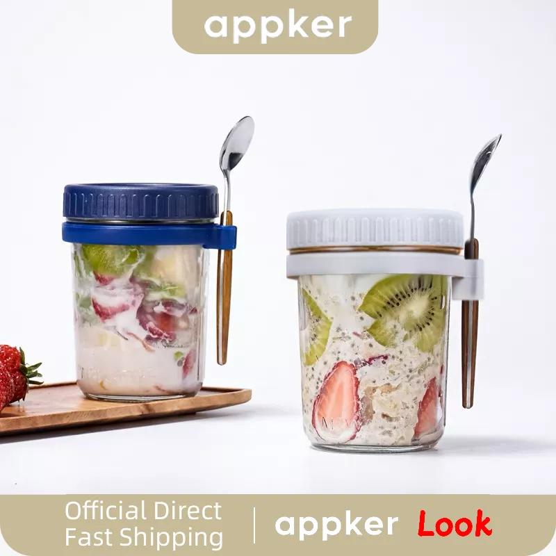 APPKER ถ้วยใส่อาหารเช้า โยเกิร์ต ซีเรียล ข้าวโอ๊ต แบบพกพา ทําความสะอาดง่าย พร้อมฝาปิด ถ้วยกาแฟอาหารเช้าพร้อมช้อนฝา และช้อน ขวดข้าวโอ๊ตค้างคืน ขวดเมสัน แก้วปิดผนึกแบบพกพา Overnight Oats Jars Oatmeal Cup Breakfast Coffee Cup with Lid Spoon