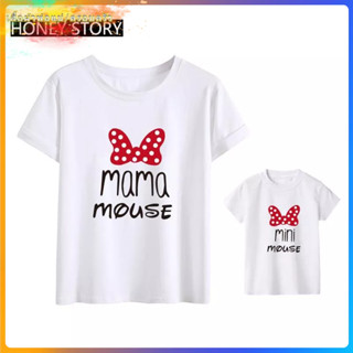 พร้อมส่ง เสื้อยืดลําลอง แขนสั้น คอกลม พิมพ์ลายการ์ตูนแม่ลูก ประดับโบว์ แฟชั่นฤดูร้อน สไตล์เกาหลี สําหรับแม่ และลูก 2023