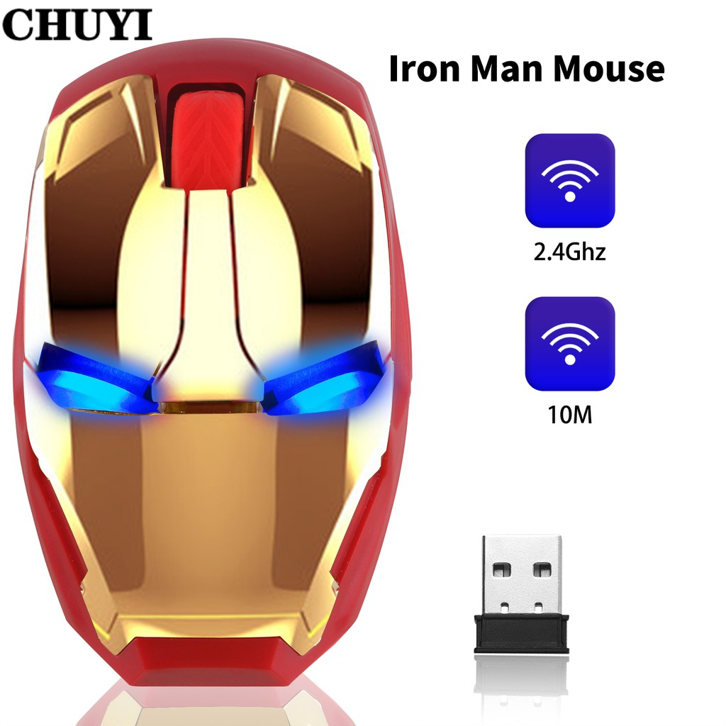 Chuyi เมาส์ออปติคอลเล่นเกมไร้สาย USB รูปไอรอนแมน เสียงเงียบ 800 1200 1600 2400 DPI สําหรับแล็ปท็อป พีซี โน้ตบุ๊ก