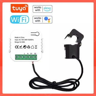 Tuya เครื่องวัดพลังงานไฟฟ้า WiFi 80A แคลมป์หม้อแปลงกระแสไฟฟ้า KWh อุปกรณ์ตรวจสอบสถิติไฟฟ้า เข้ากันได้กับ Alexa Google Home สําหรับควบคุมด้วยเสียง [a]