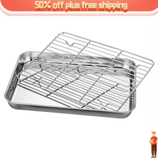 Stainless Steel Flat Bottom Baking Tray with Mesh Set Square Barbecue Plate with Cooling Rack Drip P