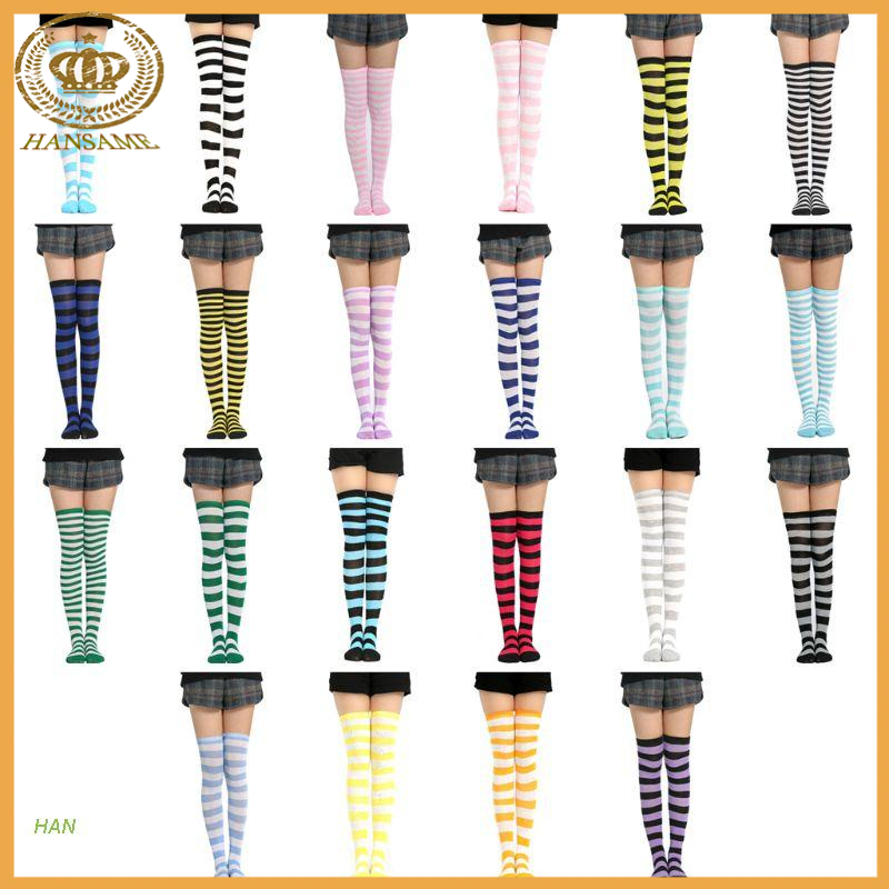 HAN  Women Girls Knitted Cosplay Long Socks Contrast Color Stripes Over Knee Thigh High Stocking Fan
