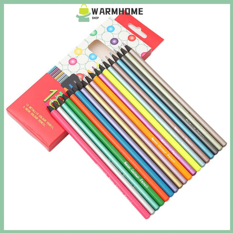 Warm ดินสอสีไม้ สีเมทัลลิก และดินสอสีเรืองแสง สําหรับวาดภาพ 12 ชิ้น