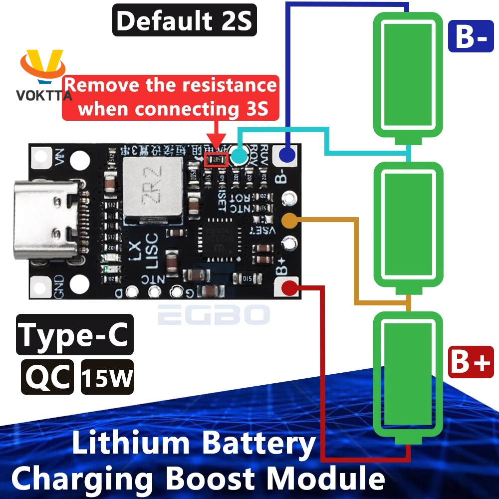 Voktta โมดูลชาร์จแบตเตอรี่ลิเธียม Type-C USB 2-3S BMS 15W 8.4V 12.6V 1.5A พร้อมตัวบ่งชี้