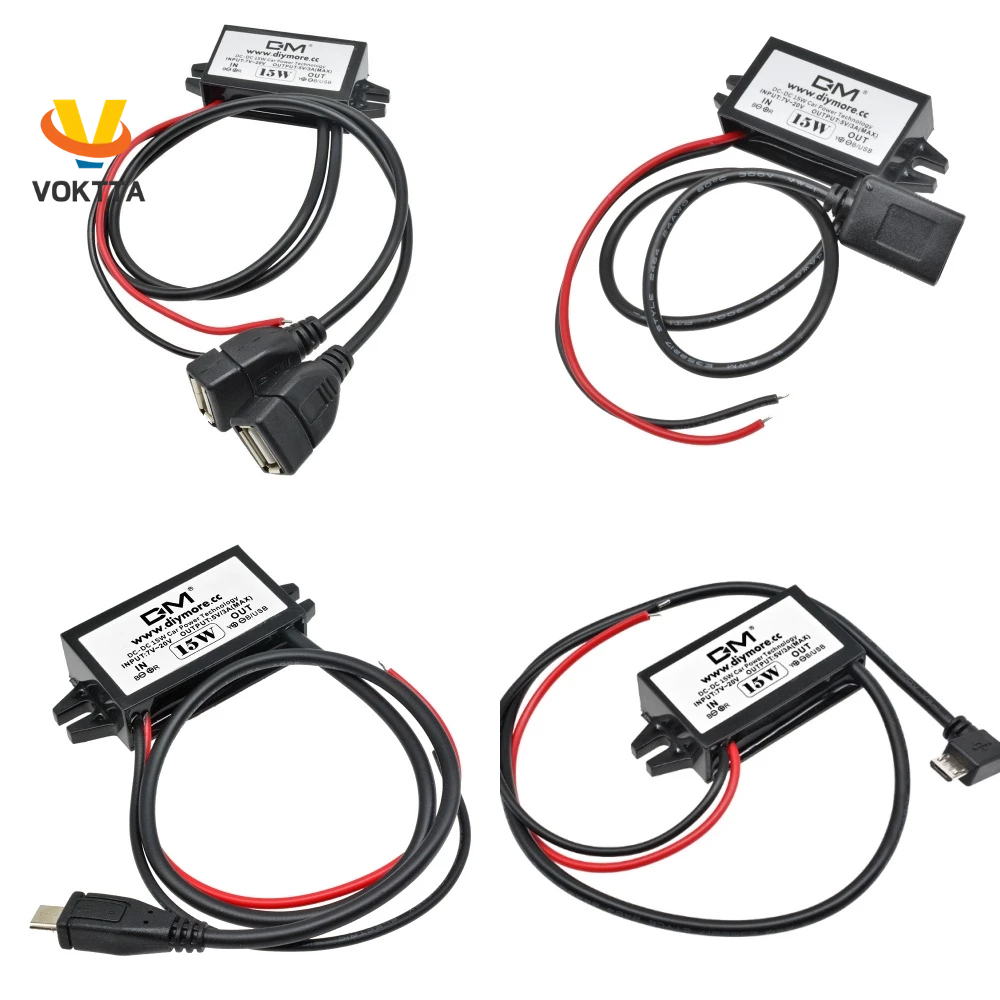 Voktta โมดูลพาวเวอร์ซัพพลายแปลงพาวเวอร์ซัพพลาย 12V เป็น 5V 3A 15W DC-DC Step Down Buck USB ขนาดเล็ก สําหรับรถยนต์ ตัวผู้ ตัวเมีย