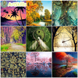 Tree Oil Painting By Numbers For Adults With Frame DIY Green Landscape Acrylic Paint Coloring Decoration Pictures Kit