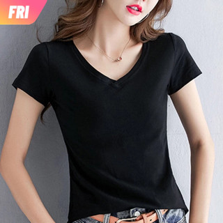 [FRI] เสื้อยืด คอกลม แขนสั้น สีพื้น แฟชั่นสําหรับผู้หญิง