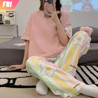 [FRI] ชุดนอนแขนสั้น พิมพ์ลายการ์ตูนน่ารัก แฟชั่นฤดูใบไม้ผลิ และฤดูร้อน สําหรับผู้หญิง