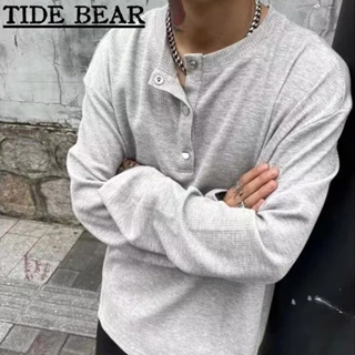 TIDE BEAR เสื้อยืดผู้ชาย อเมริกันเรโทรถนน ระดับไฮเอนด์คู่หลวมปุ่มข้าวชามคอแขนยาวด้านบน