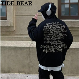 TIDE BEAR เสื้อกันหนาวหมวกขาวผู้ชาย อเมริกันเรโทรถนน แฟชั่นฮิปฮอปตัวอักษรพิมพ์สไตล์คู่หลวม