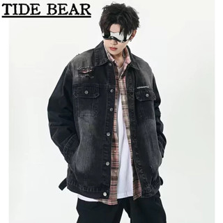 TIDE BEAR เสื้อยีนส์ผู้ชาย อเมริกันเรโทรถนน ฮิปฮอปเก่าเย็บปักถักร้อยหลุมหลวมไล่ระดับสีคู่