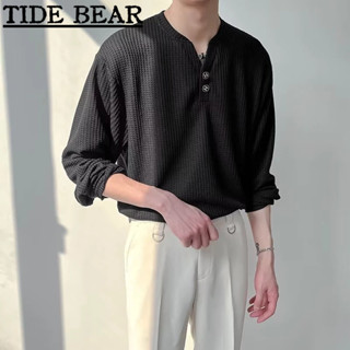 TIDE BEAR เสื้อยืดผู้ชาย เกาหลีย้อนยุคสบายๆ เสื้อนูนขึ้นคอวีสูงสีทึบคอวีขนาดเล็กผู้หญิง