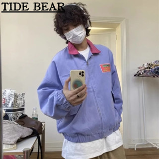 TIDE BEAR เสื้อผู้ชาย อเมริกันเรโทรถนน ระดับไฮเอนด์ฮิปฮอปทุกข์ปกหญิงหลวมสีฟ้าคู่ยืดหยุ่น