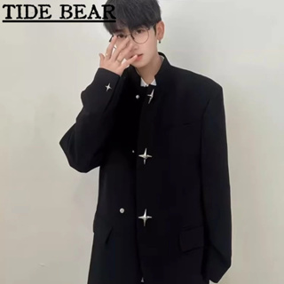 TIDE BEAR ชุดสูทผู้ชาย อเมริกันเรโทรถนน ความรู้สึกระดับไฮเอนด์ของสไตล์จีนช่องโลหะการออกแบบความรู้สึกของไหล่ยืนขึ้นปกเสื้