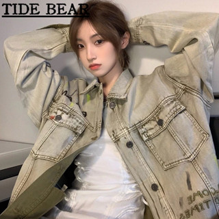 TIDE BEAR เสื้อยีนส์ผู้ชาย อเมริกันเรโทรถนน หลวมตัวอักษรและตัวเลขอกเดียวแขนยาวปกคาร์ดิแกน