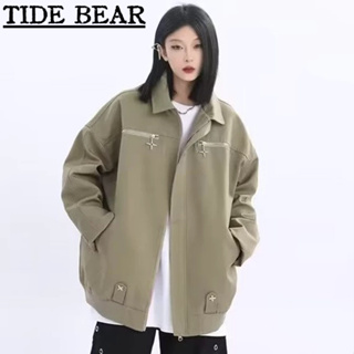 TIDE BEAR เสื้อผู้ชาย อเมริกันเรโทรถนน ระดับไฮเอนด์ดาวซิปหญิงคู่ปกหลวมแฟชั่น