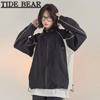 TIDE BEAR เสื้อผู้ชาย อเมริกันเรโทรถนน เย็บสีคมชัดหลวมแขนยาวยืนคอเสื้อแจ็คเก็ต