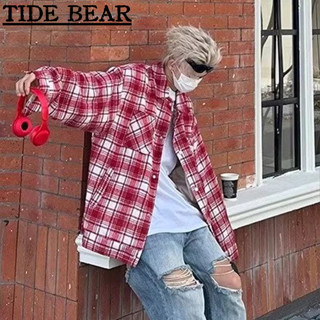 TIDE BEAR เสื้อผู้ชาย อเมริกันย้อนยุคถนนสูง สีจับคู่ลายสก๊อตปักปกคู่ลำลองแขนยาวด้านบน