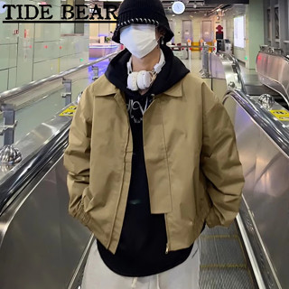 TIDE BEAR เสื้อผู้ชาย อเมริกันเรโทรถนน สีทึบระดับไฮเอนด์ฮาราจูกุแขนยาวเบสบอลเครื่องแบบปกเสื้อแจ็คเก็ต