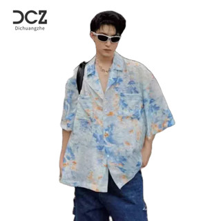 DICHUANGZHE เสื้อเชิ้ตแขนสั้นผู้ชาย, เสื้อเชิ้ตแขนสั้นผู้ชายพิมพ์ลายหลวม