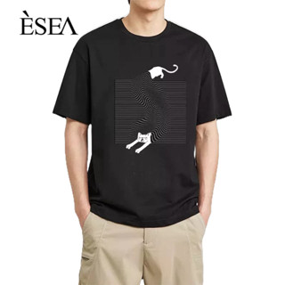 ESEA เสื้อยืดผู้ชายเรียบง่ายสไตล์ยุโรปและอเมริกาพิมพ์คู่ย้อนยุคเสื้อยืดผ้าฝ้ายคลื่นชีพจรแมวสายผู้ชายแขนสั้น