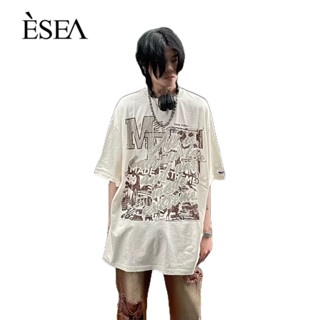 ESEA ผู้ชายเสื้อยืดถนนลำลองหลวมพิมพ์ผู้ชายเสื้อยืดย้อนยุคล้างตัวอักษรเก่าพิมพ์แขนสั้น