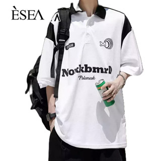 ESEA ผู้ชายแขนสั้น 2023 แฟชั่นวินเทจตัวอักษรพิมพ์เสื้อโปโลฤดูร้อนลําลองถนนแขนสั้น