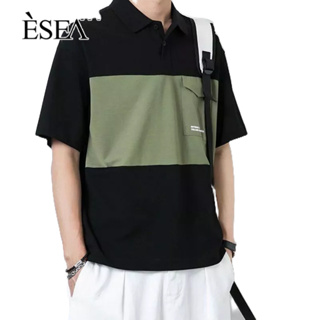 ESEA เสื้อยืดผู้ชายสีตัดกันใหม่ปกแขนสั้นแฟชั่นลำลองสีจับคู่เสื้อโปโลผู้ชายอเนกประสงค์