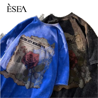 ESEA เสื้อยืดผู้ชาย, เทรนด์ลําลอง, เสื้อยืดวินเทจสไตล์ยุโรปและอเมริกาหลวม