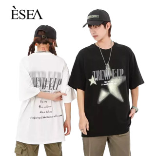 ESEA เสื้อยืดผู้ชายเฉพาะยุโรปและอเมริกาฮิปฮอปคู่หลวมแขนสั้นอเมริกันไฮสตรีทตัวอักษรพิมพ์ดาวแขนสั้น