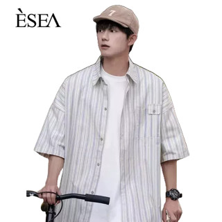 ESEA เสื้อเชิ้ตผู้ชายสีทึบเทรนด์ใหม่เสื้อเชิ้ตลำลองผู้ชายวรรณกรรมเข้าคู่กันแขนสั้นลายทาง