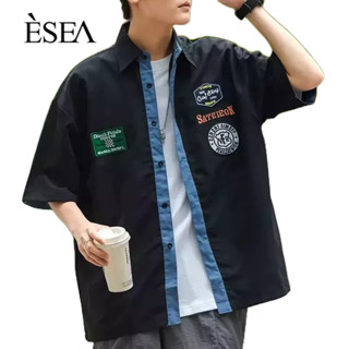 ESEA ผู้ชายเสื้อเย็บปักถักร้อยบางหลวมผู้ชายลำลองเสื้ออเมริกันย้อนยุคแนวโน้มถนนสูงผู้ชายสั้น-แ