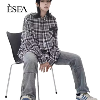 ESEA เสื้อเชิ้ตผู้ชายพิมพ์จดหมายสไตล์ยุโรปและอเมริกาสตรีทแฟชั่นยอดนิยมลายสก๊อตลําลองหล่อเสื้อเชิ้ตแขนยาวของผู้ชาย