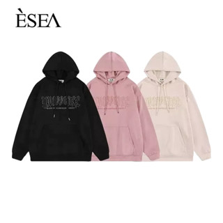 ESEA เสื้อสเวตเตอร์ผู้ชายวินเทจเย็บปักถักร้อยสีทึบสไตล์ยุโรปและอเมริกาแฟชั่นพิมพ์หลวมยอดนิยมของผู้ชายลําลองเสื้อสเวตเตอร์มีฮู้ด