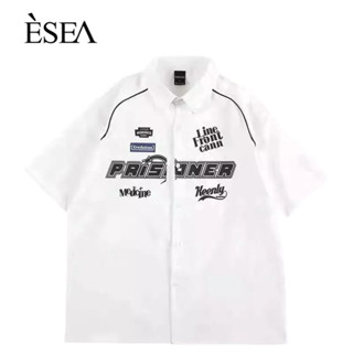 ESEA เสื้อเชิ้ตผู้ชาย แฟชั่น Oversize ลำลอง ย้อนยุค เย็บปักถักร้อย หลวม เสื้อเชิ้ตแขนสั้น