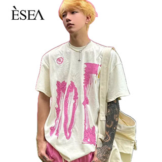 ESEA เสื้อยืดผู้ชายผ้าฝ้ายแท้หลวมคอกลมเสื้อยืดผู้ชายตัวอักษรฮิปฮอปพิมพ์แขนสั้น